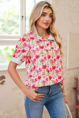 Red Floral Print Striped Patchwork Collared Blouse