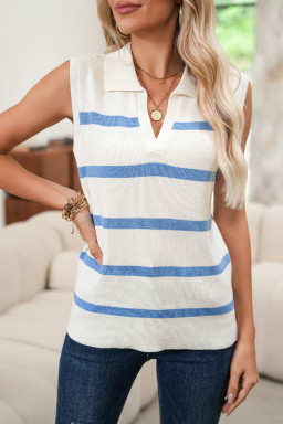 Sky Blue Striped Split V Neck Collared Ribbed Knit Vest