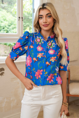 Blue Puff Sleeve Button Up Boho Floral Shirt
