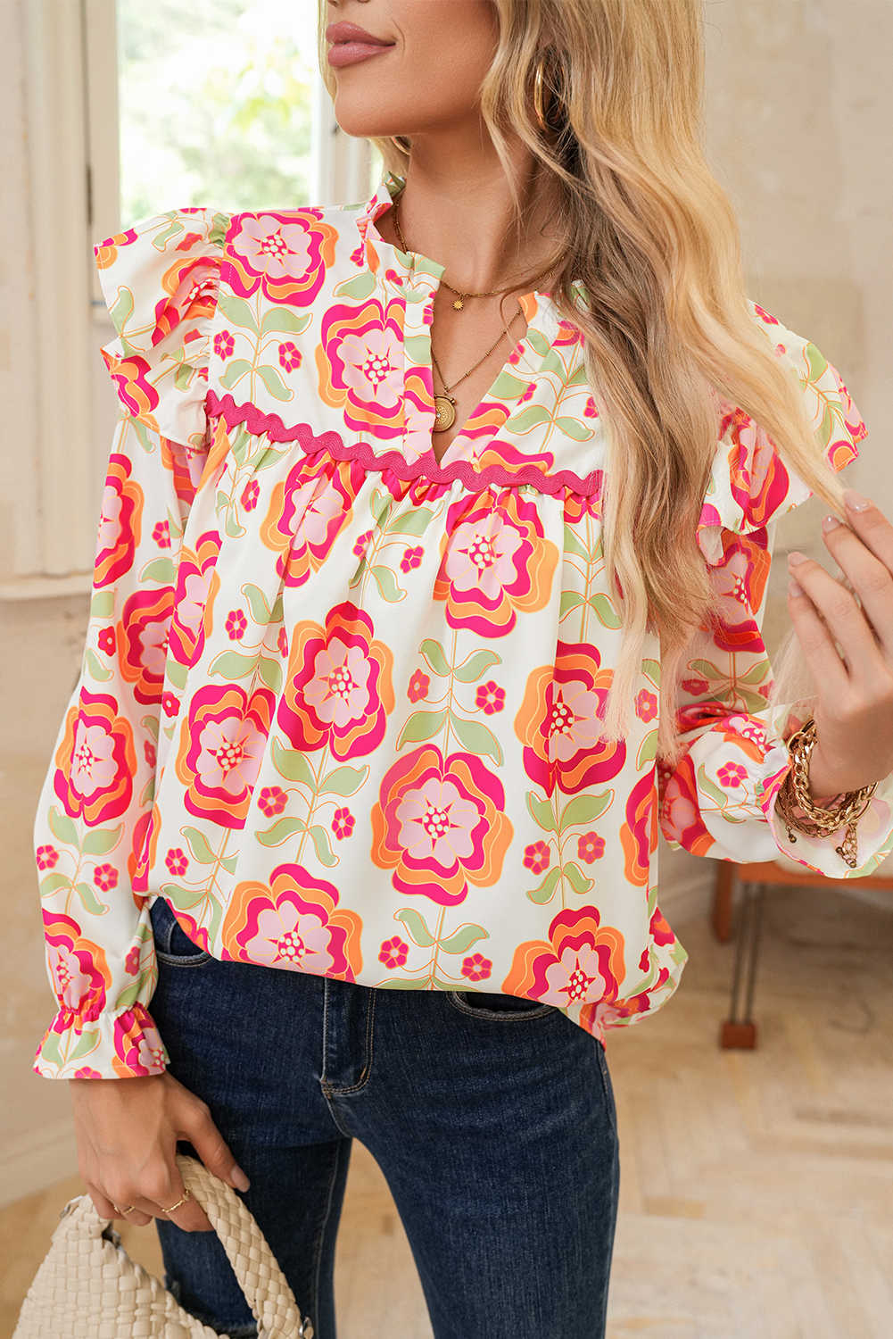 Rose Floral V Neck Ricrac Trim Ruffle Long Sleeve Blouse