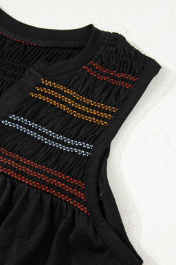 Black Shirred Yoke Notched V Neck Tank Top