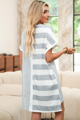 Gray Stripe Mixed Printed Short Sleeve Shift Mini T Shirt Dress