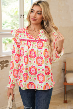 Rose Floral V Neck Ricrac Trim Ruffle Long Sleeve Blouse