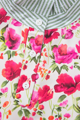 Red Floral Print Striped Patchwork Collared Blouse