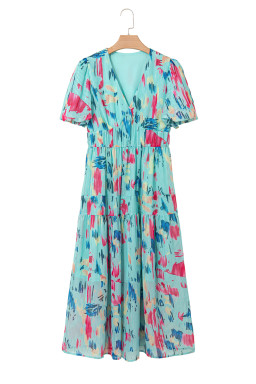 Sky Blue Abstract Print Short Puff Sleeve Tiered Maxi Dress