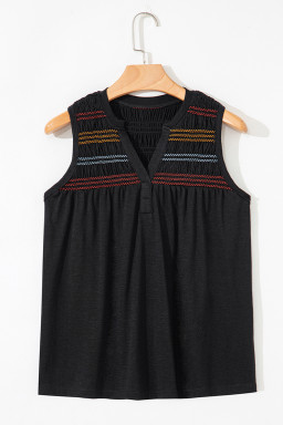 Black Shirred Yoke Notched V Neck Tank Top