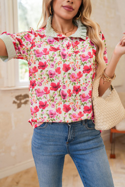Red Floral Print Striped Patchwork Collared Blouse