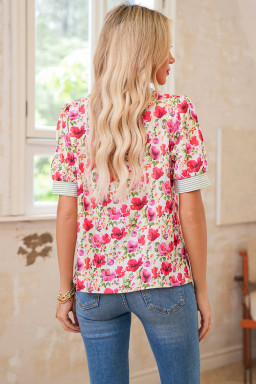 Red Floral Print Striped Patchwork Collared Blouse