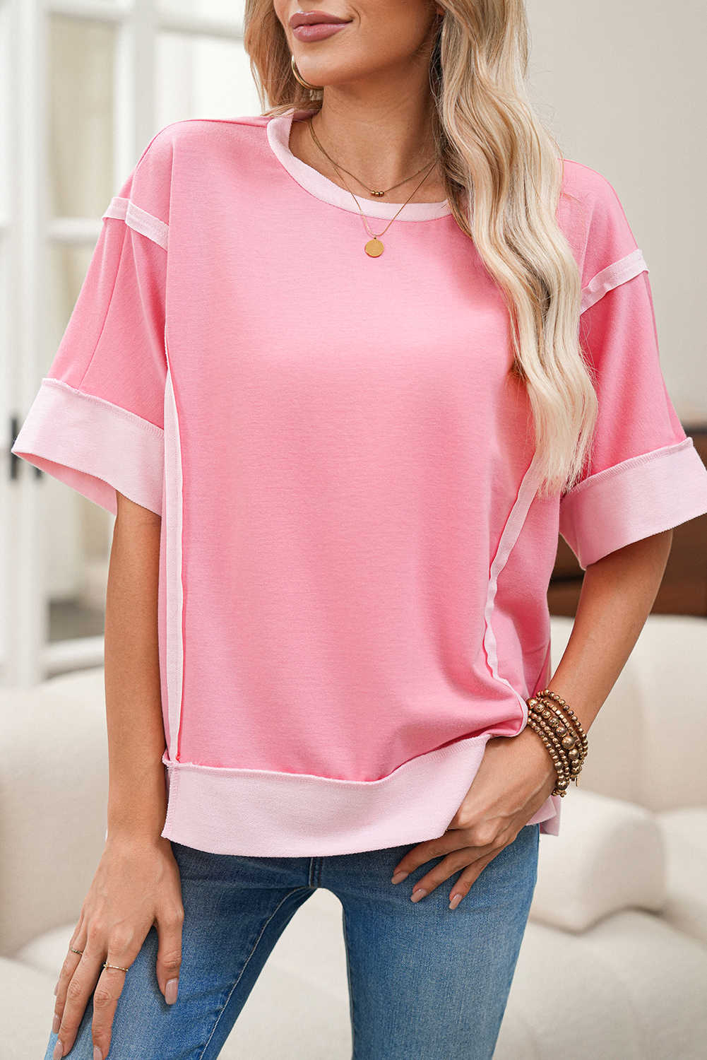 Peach Blossom Half Sleeve Raw Seam High Low Side Split Top