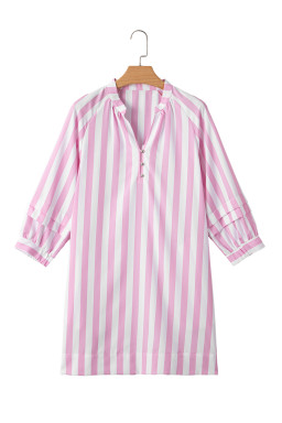 Rose Striped Long Sleeve Buttons Loose Mini Dress