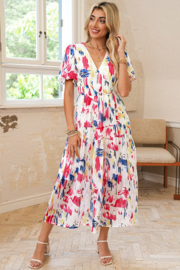 Rose Abstract Print Short Puff Sleeve Tiered Maxi Dress
