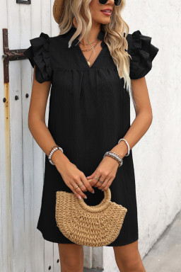 Black V Neck Ruffle Sleeve Shift Mini Dress