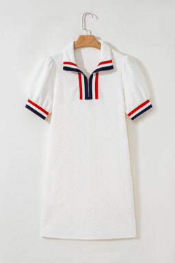 White Pop of Color Neckline Plaid Textured Puff Sleeve Mini Dress