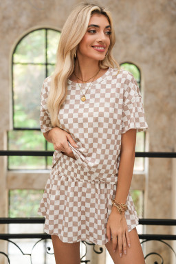 Brown Checkerboard T Shirt and High Waist Skort Set