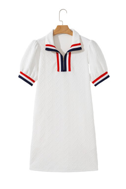 White Pop of Color Neckline Plaid Textured Puff Sleeve Mini Dress