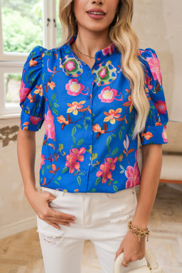 Blue Puff Sleeve Button Up Boho Floral Shirt