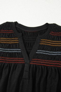 Black Shirred Yoke Notched V Neck Tank Top