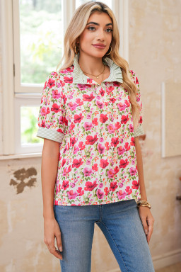 Red Floral Print Striped Patchwork Collared Blouse