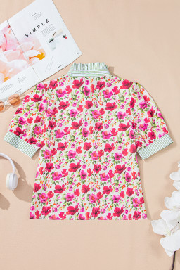 Red Floral Print Striped Patchwork Collared Blouse