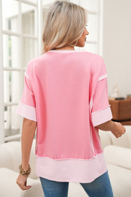 Peach Blossom Half Sleeve Raw Seam High Low Side Split Top