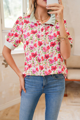 Red Floral Print Striped Patchwork Collared Blouse