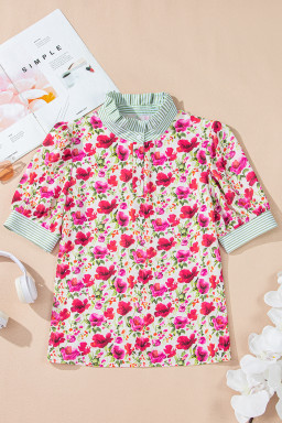 Red Floral Print Striped Patchwork Collared Blouse