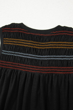 Black Shirred Yoke Notched V Neck Tank Top