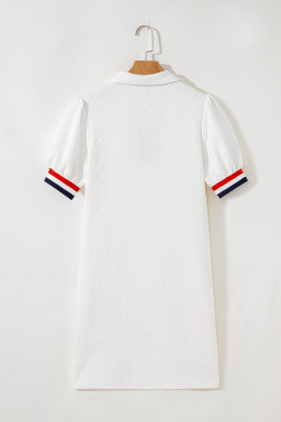 White Pop of Color Neckline Plaid Textured Puff Sleeve Mini Dress