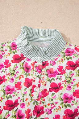 Red Floral Print Striped Patchwork Collared Blouse