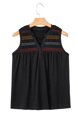 Black Shirred Yoke Notched V Neck Tank Top