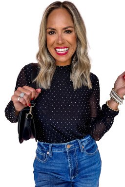 Black Rhinestone Embellished Mesh Long Sleeve Top