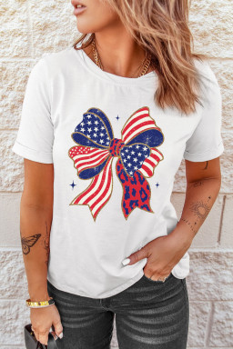 White Stars and Stripes Bow Print 4th of July T Shirt