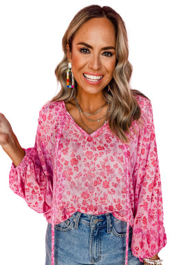 Pink Floral Puff Sleeve Split Neck Blouse