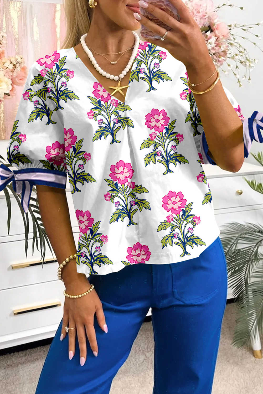 White Floral Print Knot Bubble Sleeve V Neck Blouse