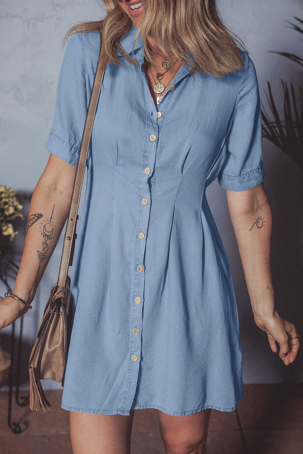 Myosotis Pleated High Waist Short Sleeve Shirt Dress