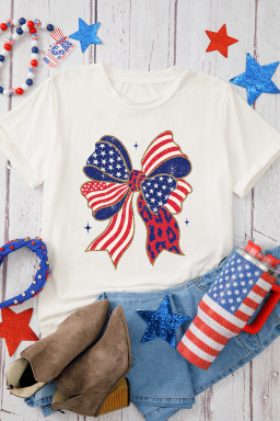 White Stars and Stripes Bow Print 4th of July T Shirt