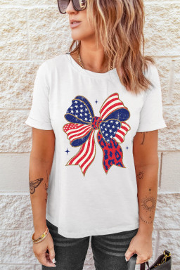 White Stars and Stripes Bow Print 4th of July T Shirt