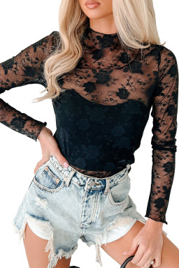 Black Mock Neck Floral Lace Mesh Long Sleeve Top