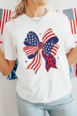 White Stars and Stripes Bow Print 4th of July T Shirt