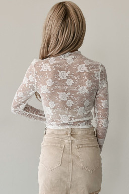 White Mock Neck Floral Lace Mesh Long Sleeve Top