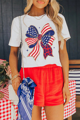 White Stars and Stripes Bow Print 4th of July T Shirt