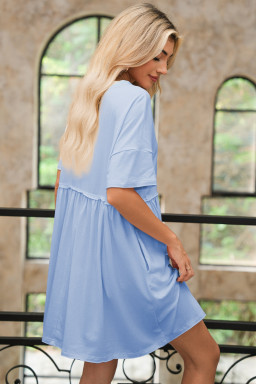 Sky Blue Solid Color Pocket Raw Edge Babydoll Dress