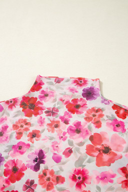 Red Floral Print Long Sleeve Slim Fit Mesh Top