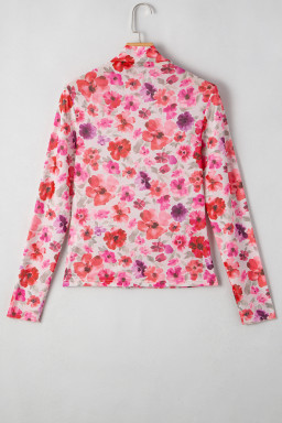 Red Floral Print Long Sleeve Slim Fit Mesh Top