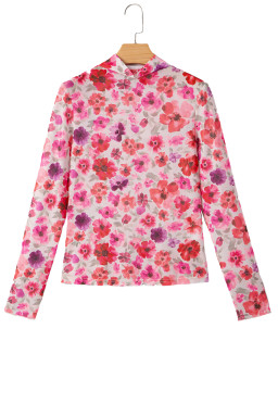 Red Floral Print Long Sleeve Slim Fit Mesh Top