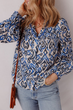 Blue Bohemian Abstract Print Frill V Neck Long Sleeve Blouse