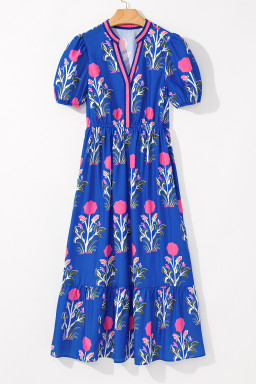 Sky Blue Floral Ruffle Hem Pop of Color Neckline Dress