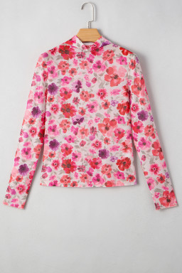 Red Floral Print Long Sleeve Slim Fit Mesh Top