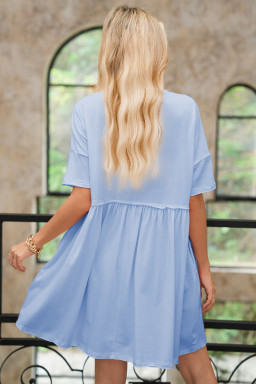 Sky Blue Solid Color Pocket Raw Edge Babydoll Dress