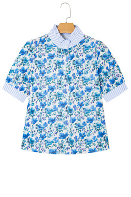 Sky Blue Floral Print Striped Patchwork Collared Blouse